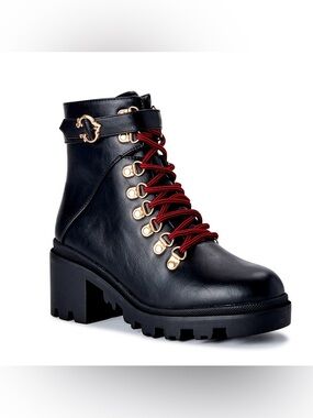 New In Box Designer Inspired Black Chunky Lug Sole Lace Up Boots with Red Laces